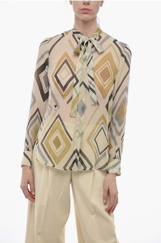 Shop Dior Tie Neck Silk Shirt With Geometric Pattern