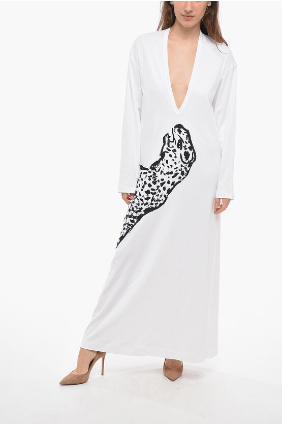 Ferragamo Tiger-printed Kaftan Dress With Deep Neckline In White