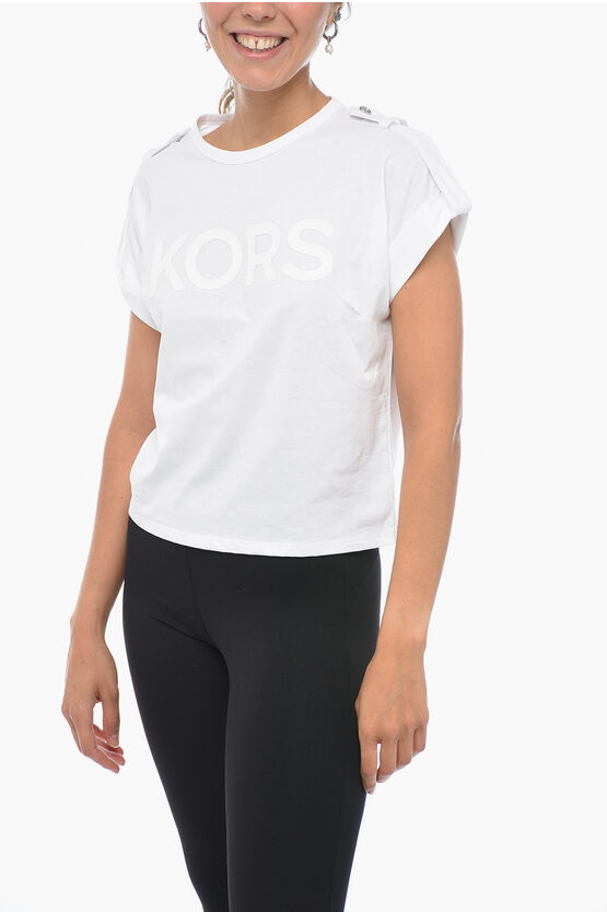 Michael Kors Ton-sur-ton Printed T-shirt With Buttoned Detail In White