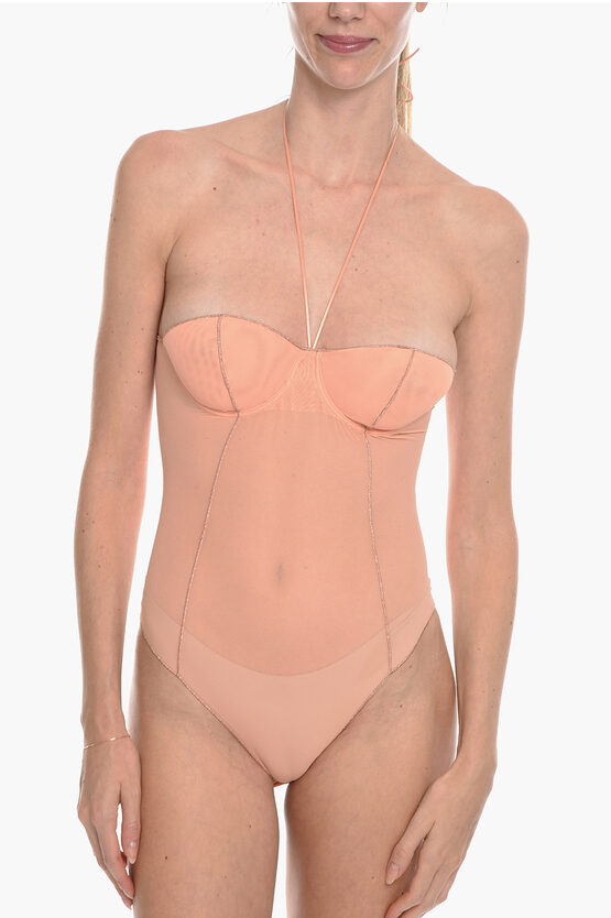 Oseree Transparent Bodysuit With Underwire And Glitter Details In Pink