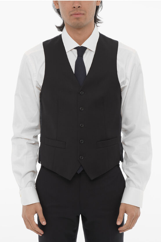 Corneliani Trend Solid Color Virgin Wool Waistcoat With Jetted Pocket In Black