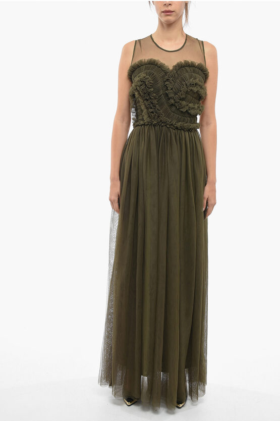 P.a.r.o.s.h Tulle Maxi Dress With Ruches In Green