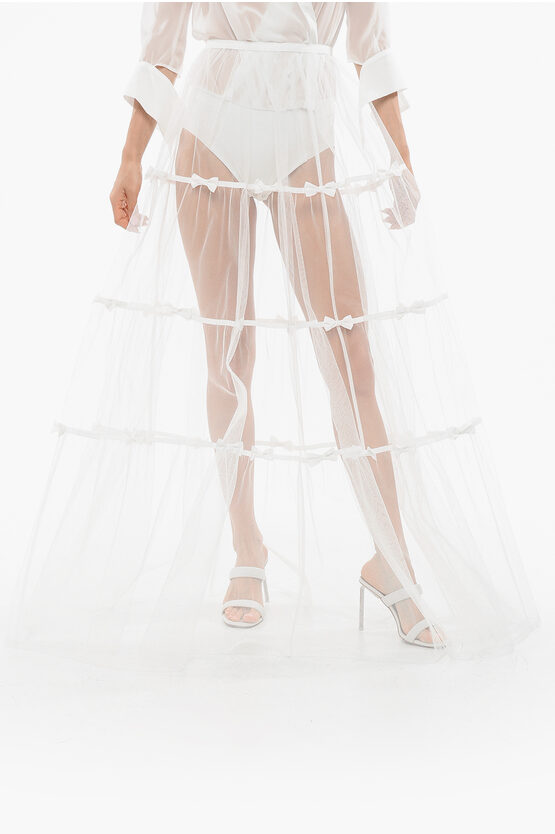 Elisabetta Franchi Tulle See Through Skirt With Bows In White