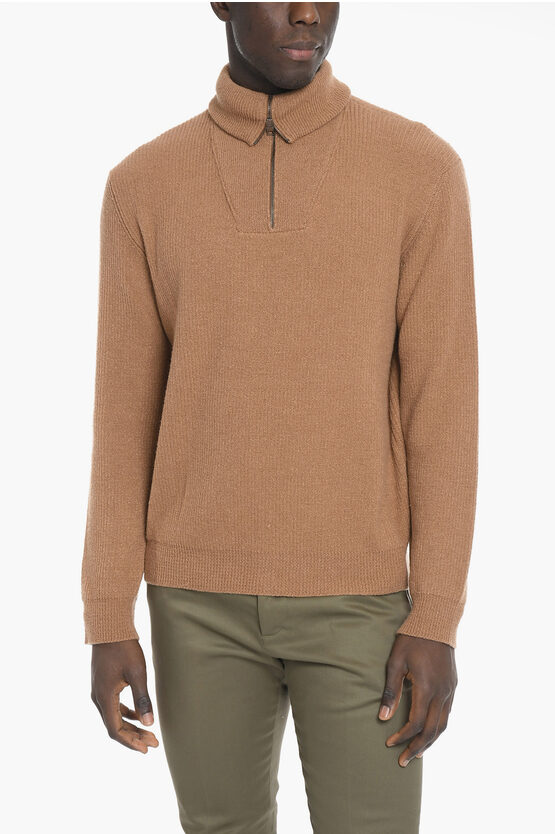 Roberto Collina Turtle-neck Wool Blend Sweater With Half Zip In Brown