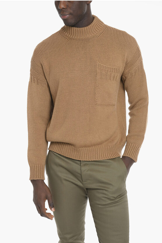 Ten C Turtle-neck Wool Sweater With Breast Pocket In Brown