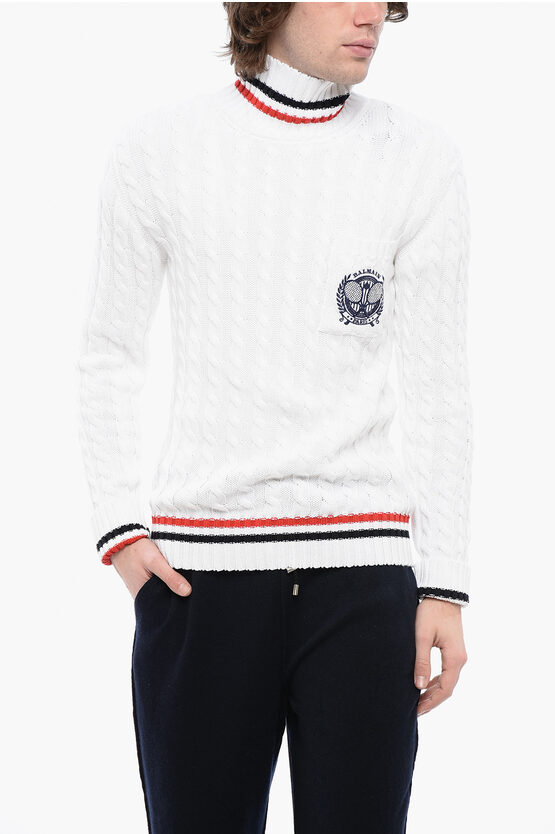 Balmain Turtleneck Cable Knit Cotton Sweater With Embroidered Emblem