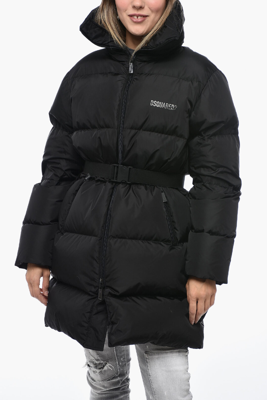 ブルゾン Dsquared2 D2 Long Down Jacket In Black Nylon With Hood Dsquared2 Turtleneck Long Down Jacket with Belt women