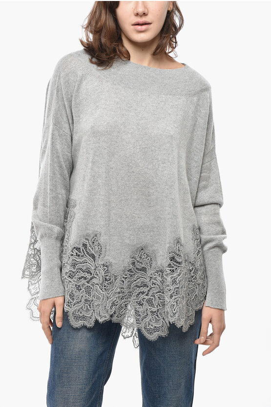 Ermanno Scervino Turtleneck Pure Cashmere Sweater With Lace Hem In Gray