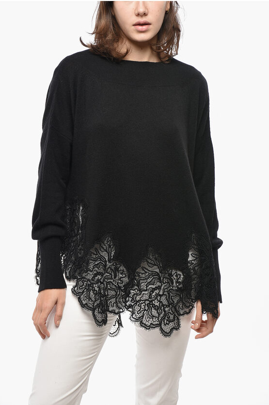 Ermanno Scervino Turtleneck Pure Cashmere Sweater With Lace Hem In Black