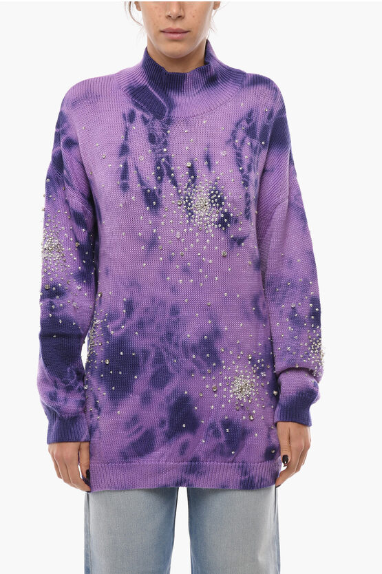 Des Phemmes Turtleneck Tie Dye Wool Pullover With Crystals In Purple