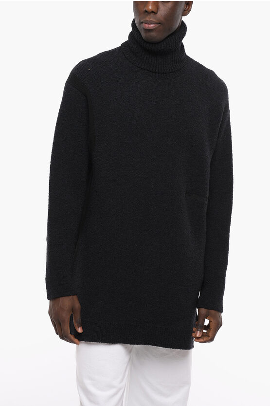 Off-white Turtleneck Wool Blend Micro Buclè Oversized Pullover In Black