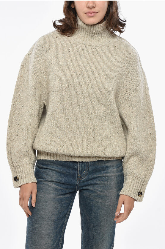 Bottega Veneta Turtleneck Wool Blend Pullover With Balloon Sleeves In Neutral