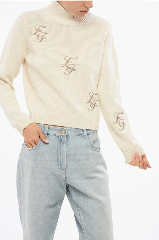 Elisabetta Franchi Turtleneck Wool Blend Sweater With Embroidered Logo In White