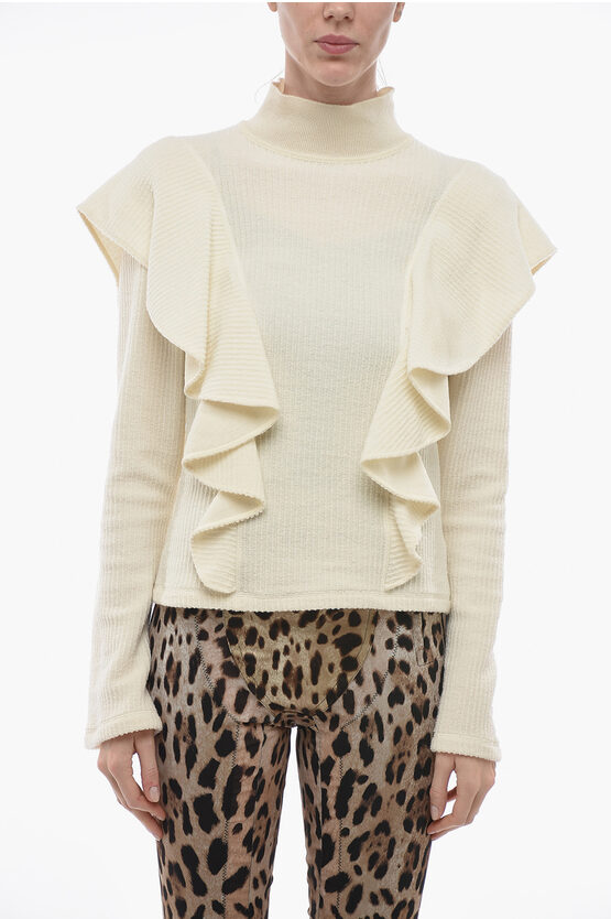 Shop Chloé Turtleneck Wool Sweater With Ruffled Sleeves