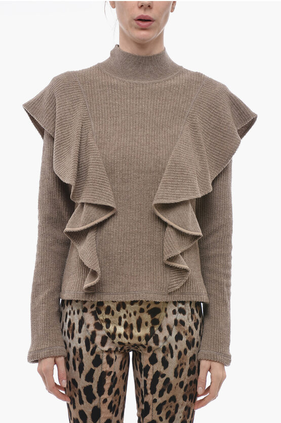 Chloé Turtleneck Wool Sweater With Ruffled Sleeves In Gray