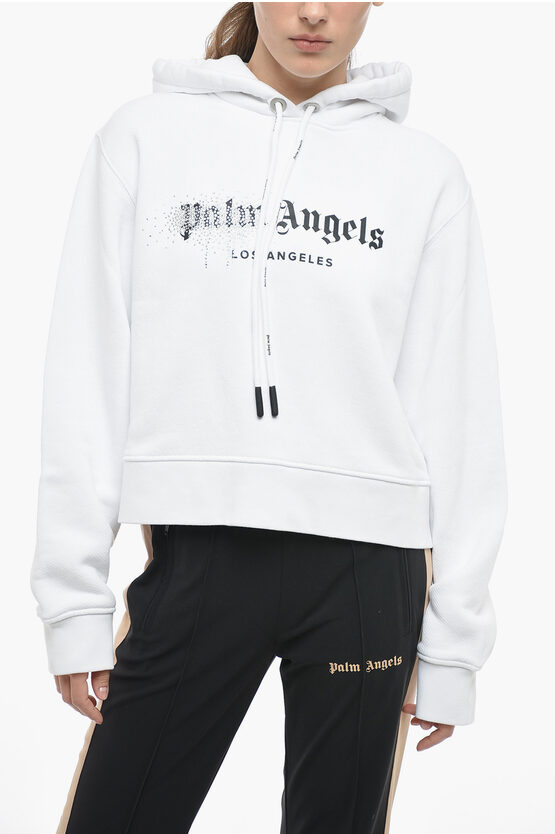 Palm Angels Tw-tone Hoodie With Rhinestoned In White