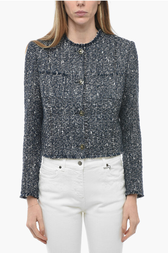 Etro Tweed Crop Blazer With Logoed Buttons In Gray