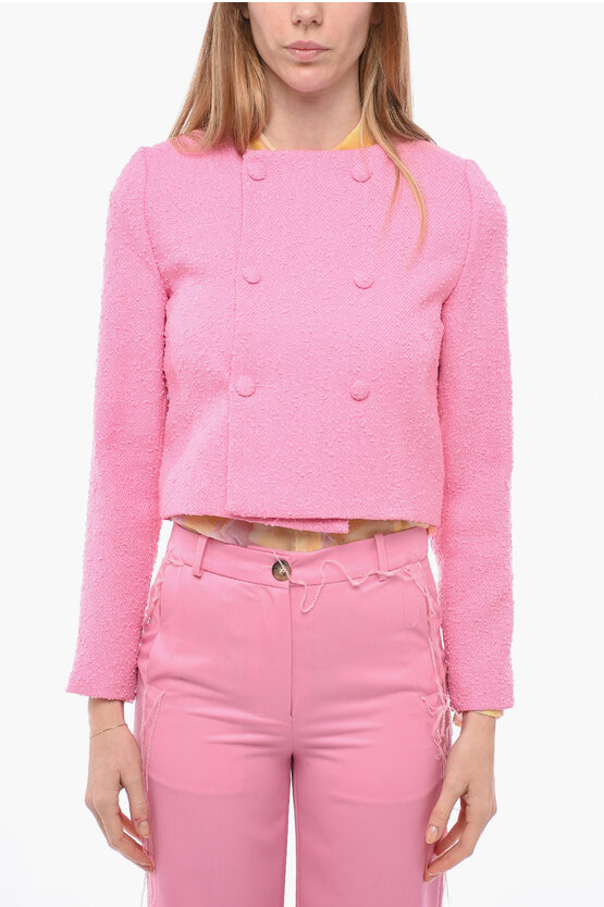 Ami Alexandre Mattiussi Tweed Wool Blend Crop Blazer With Double Breast In Pink