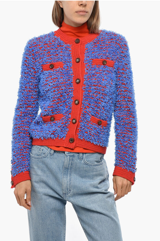 Tory Burch Tweed Wool Confetti Cardigan In Blue