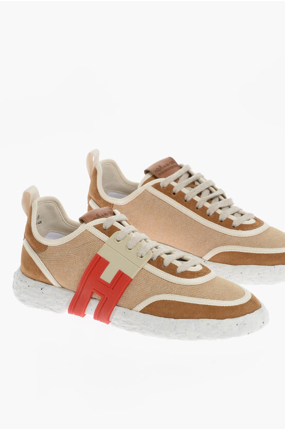 Hogan Twill And Suede 3r Low Top Sneakers With Rubber Monogram In Neutral