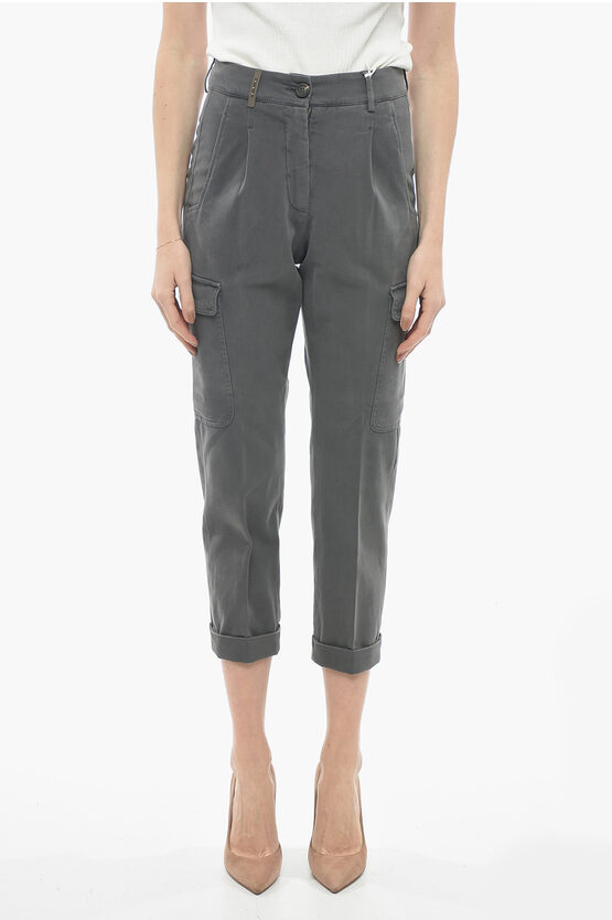 Peserico Twill Cotton Blend Cargo Trousers In Grey