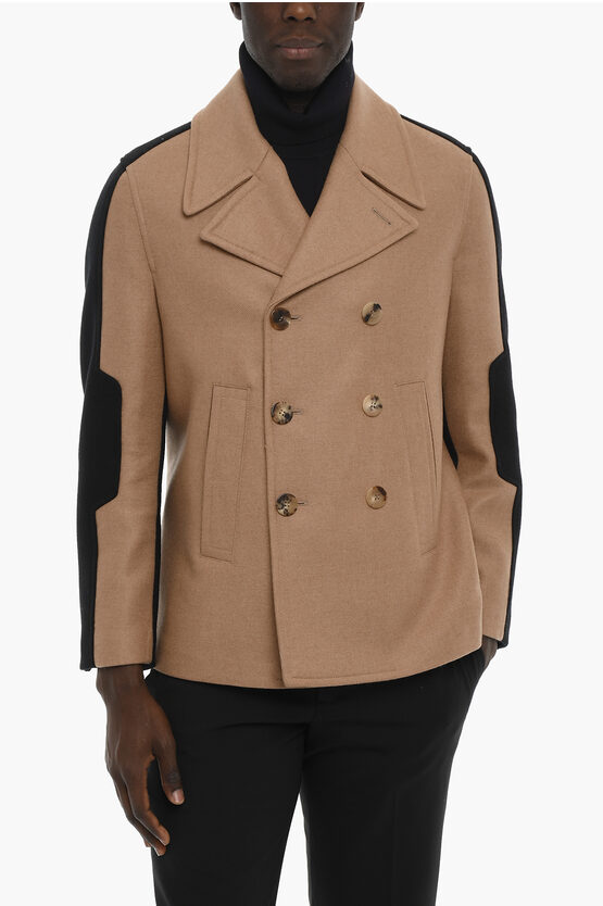 Neil Barrett Twill Double Breasted Peacoat With Modernist Detail In Neutral