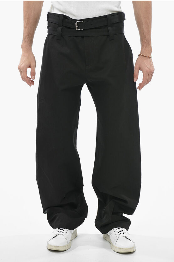 Bottega Veneta Twill Wide Leg Pants With Double-layer Belt In Black