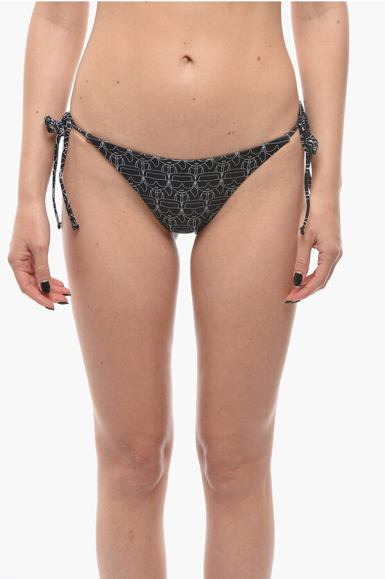 Karl Lagerfeld Two-tone Bikini Bottom With All-over Iconic Printed In Black