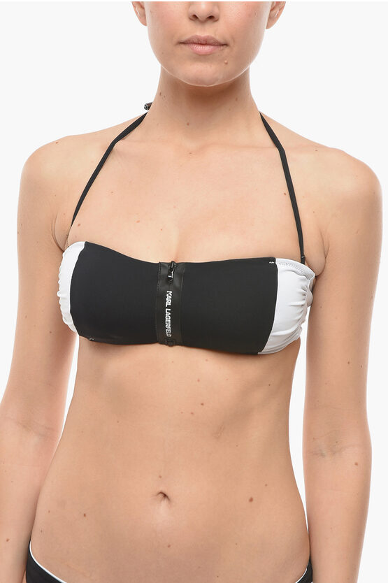 Karl Lagerfeld Two-tone Bikini Top With Zip Closure In Black