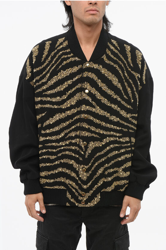 Balmain Two-tone Bomber Jacket Embellished With Golden Studs In Multi