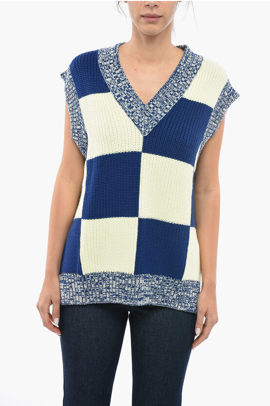 Sunnei Two-tone Checked Sleeveless Jumper In Blue