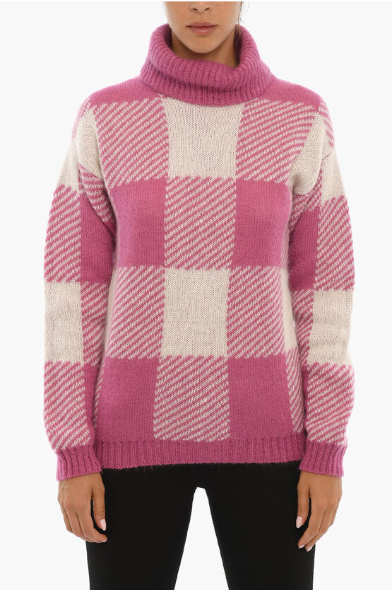 Woolrich Two-tone Checked Turtle-neck Jumper In Pink