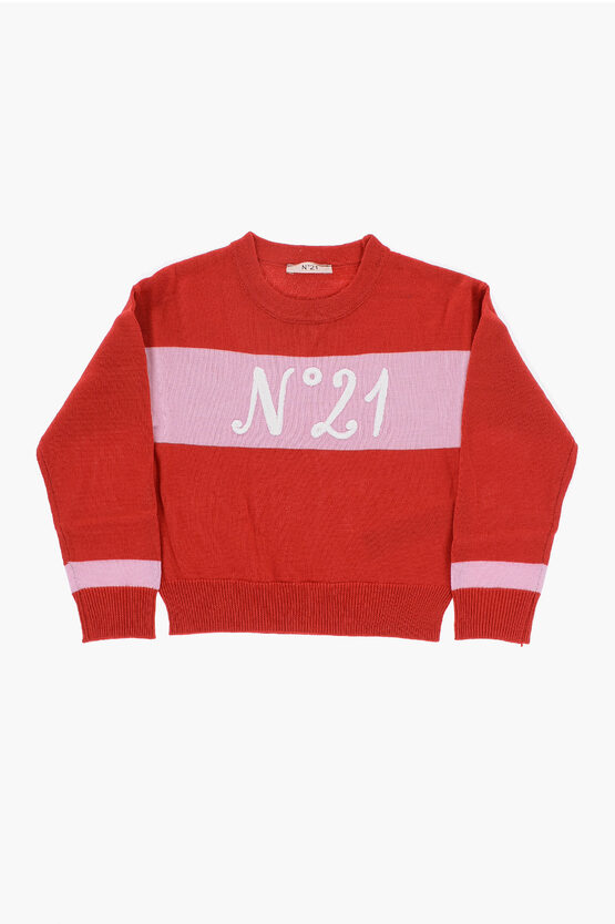 Shop N°21 Two-tone Crew-neck Sweater With Embroidered Logo