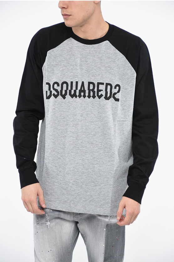 Dsquared2 Two-tone Distressed-logo T-shirt With Print In Gray