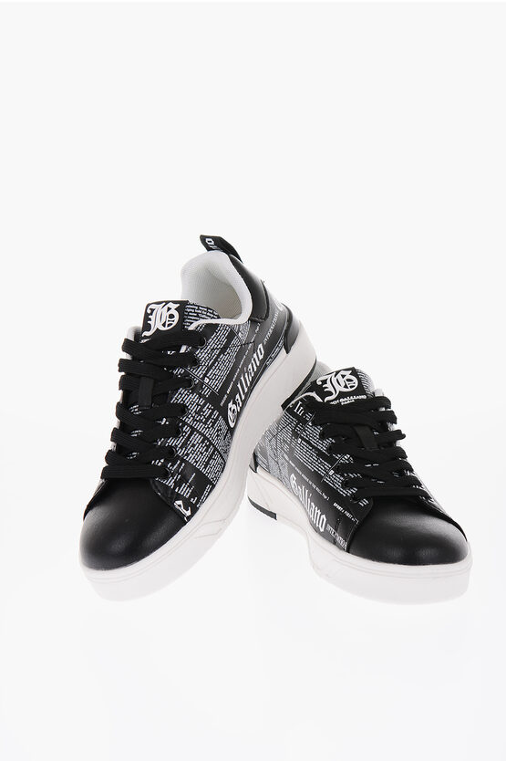 John Galliano Two-tone Faux Leather Low-top Trainers With All-over Letteri In White