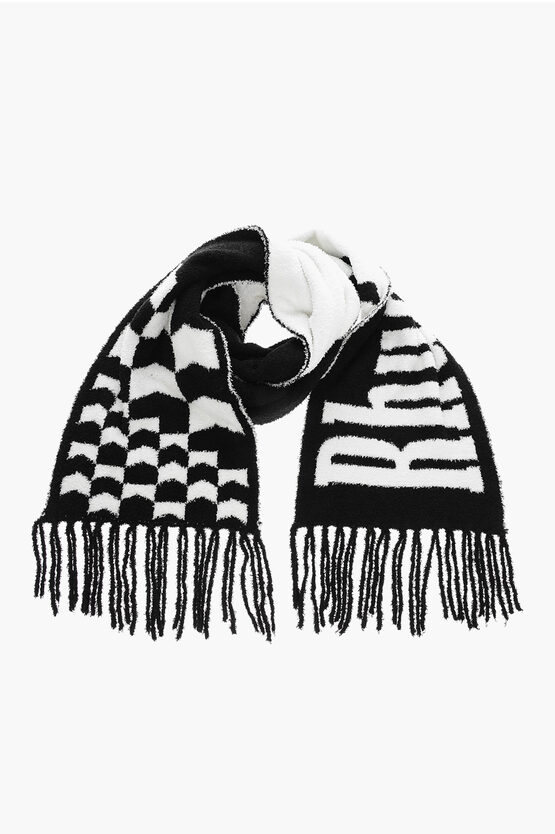 Rhude Two-tone Fuzzy Scarf With Maxi Logo And Fringes In Black
