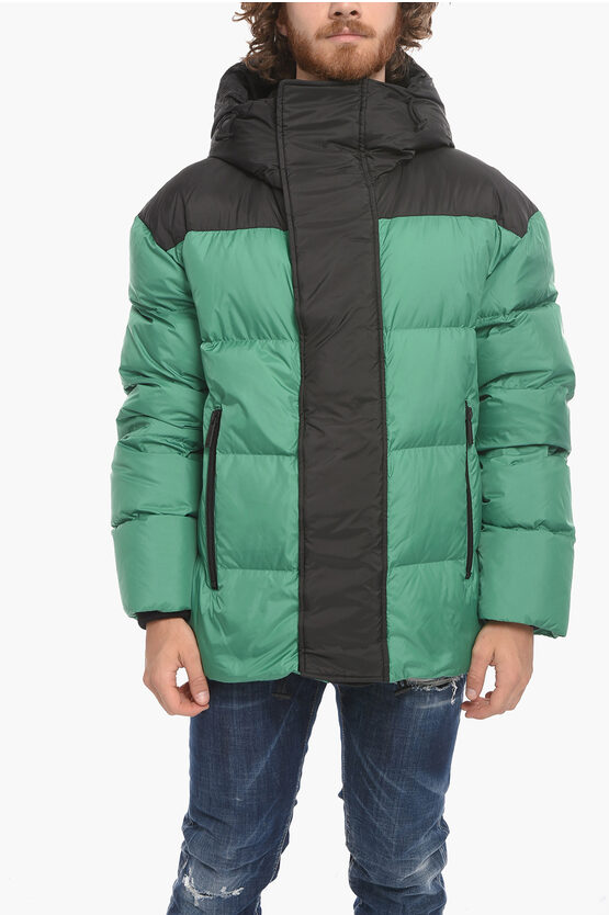 Dsquared2 Two Tone Hood Puff Down Jacket With Velcro Closure In Green
