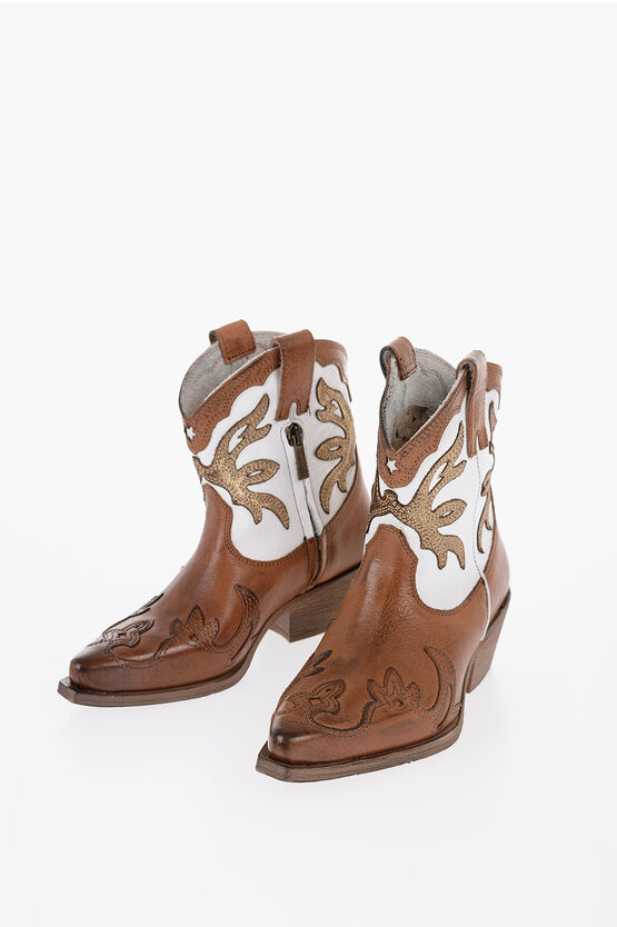 Je T'aime Two-tone Leather Western Boots With Side Zip Heel 5cm In Brown