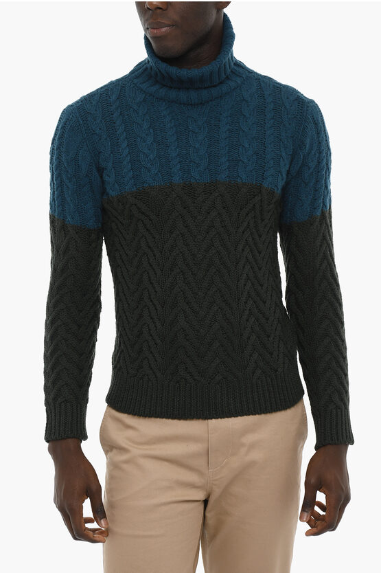 Woolrich Two-tone Merino Wool Turtleneck Cable-knit Sweater In Green