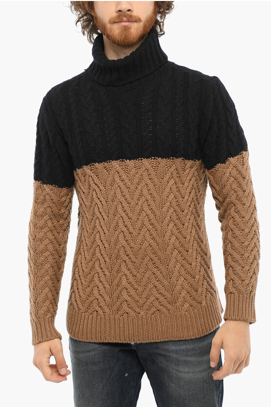 Woolrich Two-tone Merino Wool Turtleneck Cable-knit Sweater In Brown