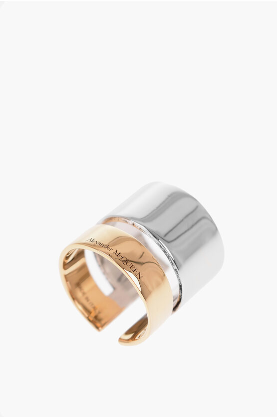 Alexander Mcqueen Two-tone Metal Ring With Cut-out Detail In White
