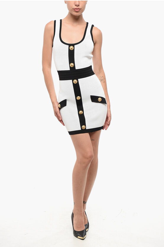 Balmain Two-tone Mini Dress With Decorative Buttons In White