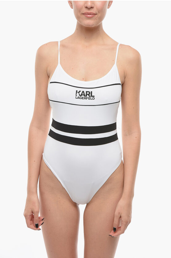 Karl Lagerfeld Two-tone One Piece Swimsuit With Printed Logo In White