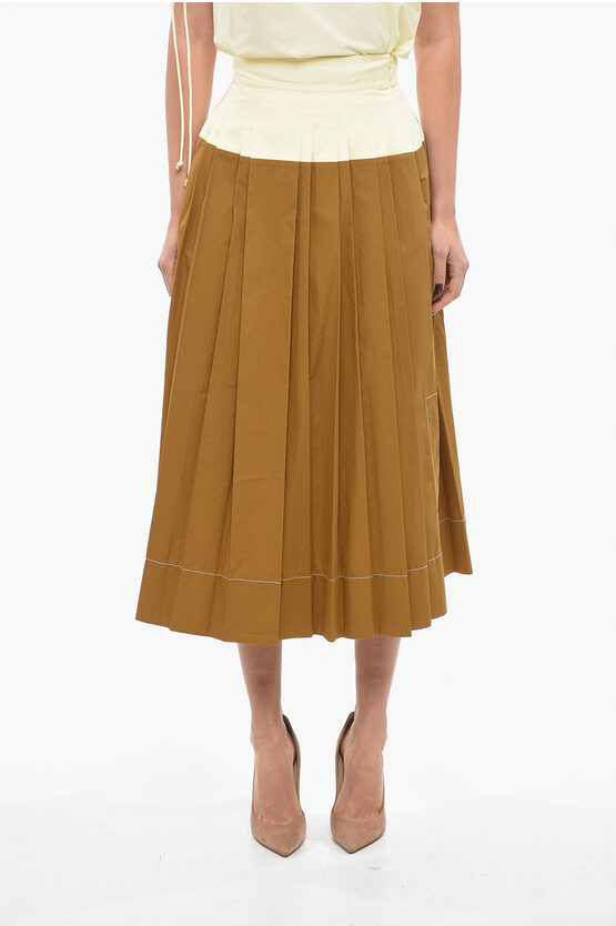 Tory Burch Two Tone Popeline Cotton Accordion Skirt In Brown