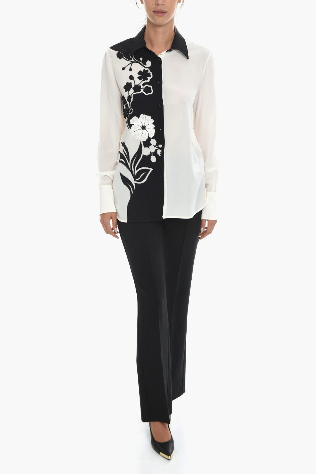 Ermanno Scervino Two-tone Silk Shirt with Floral Embroidery