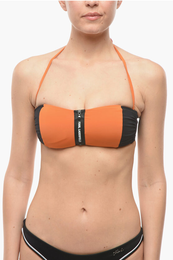 Karl Lagerfeld Two Tone Sport Bandeau Bikini Top With Zip Closure In Orange