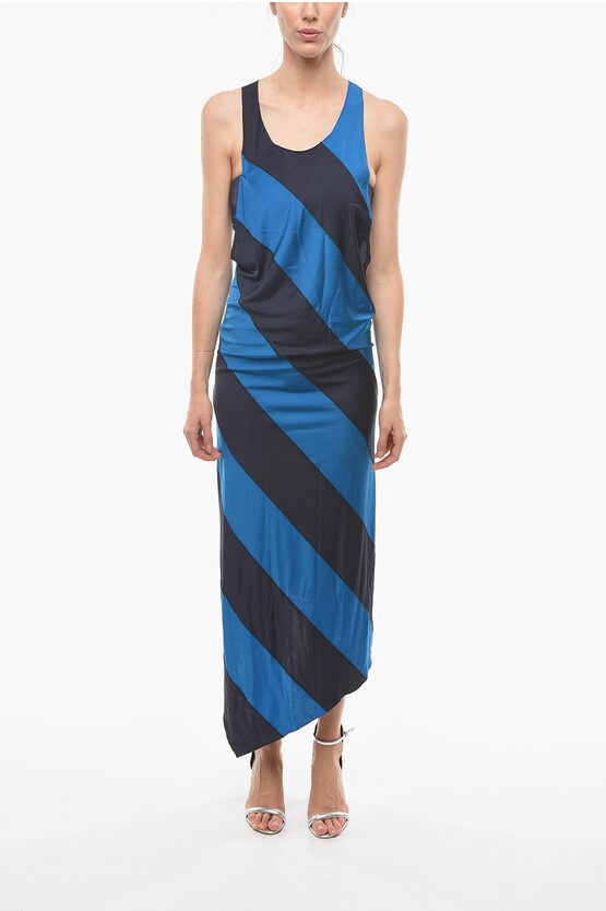 Marni Two-tone Striped Asymmetrical Cut Dress With Inner Top In Blue