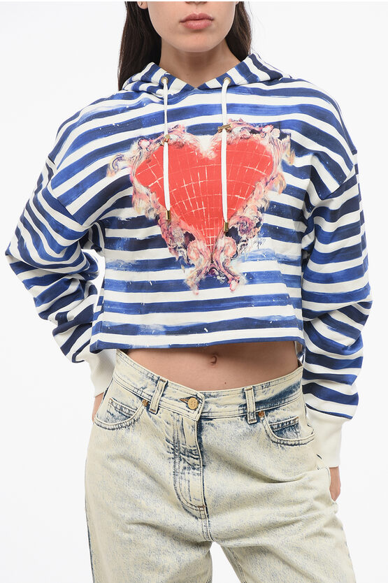 Balmain Two-tone Striped Cropped Hoodie With Heart Print In Blue
