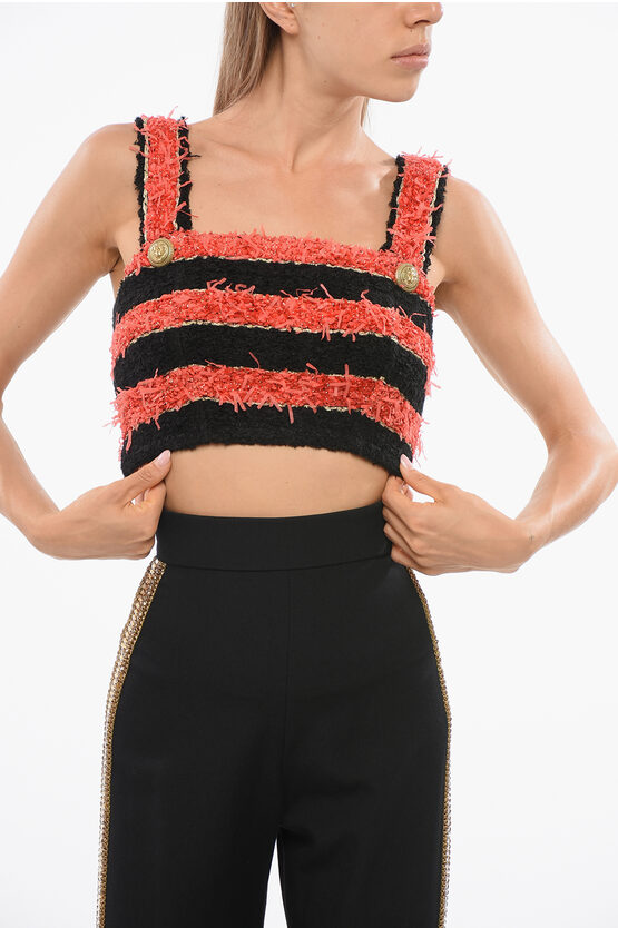 Balmain Two-tone Striped Tweed Crop Top In Red