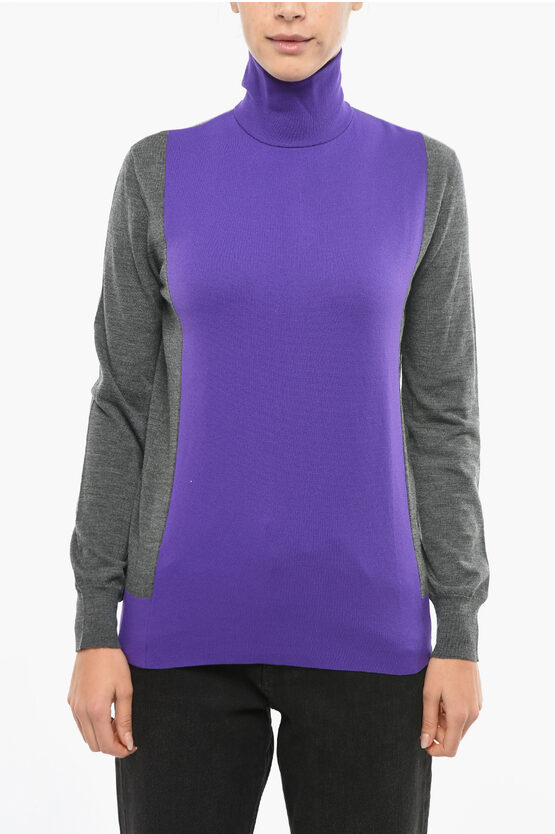 Plan C Two-tone Wool Blen Turtleneck Sweater In Purple